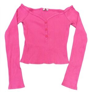 Fashion Nova Pink Ribbed Cropped Henley Long Sleeve Top | Stretch | Small